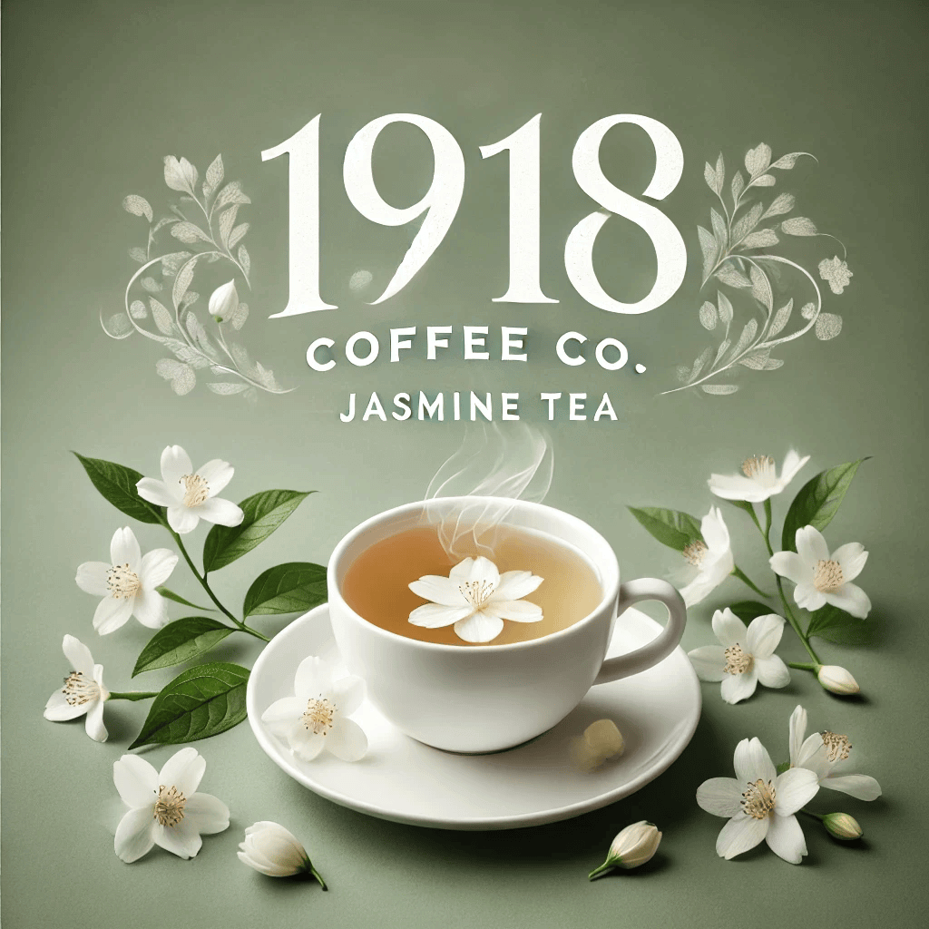 Minimalist image of a steaming teacup filled with Jasmine tea, with delicate Jasmine petals floating atop the tea. The soft green background and scattered loose jasmine blossoms create a calm and serene atmosphere, evoking natural luxury and simplicity