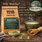 A resealable kraft pouch of 1918 Coffee Co.’s Matcha – Japanese Green Tea Powder, displayed with fresh matcha powder and traditional with a bowl of matcha and Japanese whisk on a wooden surface, styled in a soft green and neutral setting.