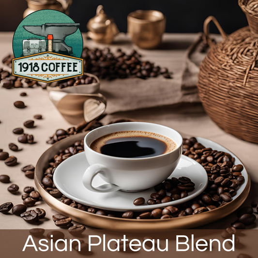 A steaming cup of Asian Plateau Blend coffee, coffee beans, on top pf a table with ratan basket.