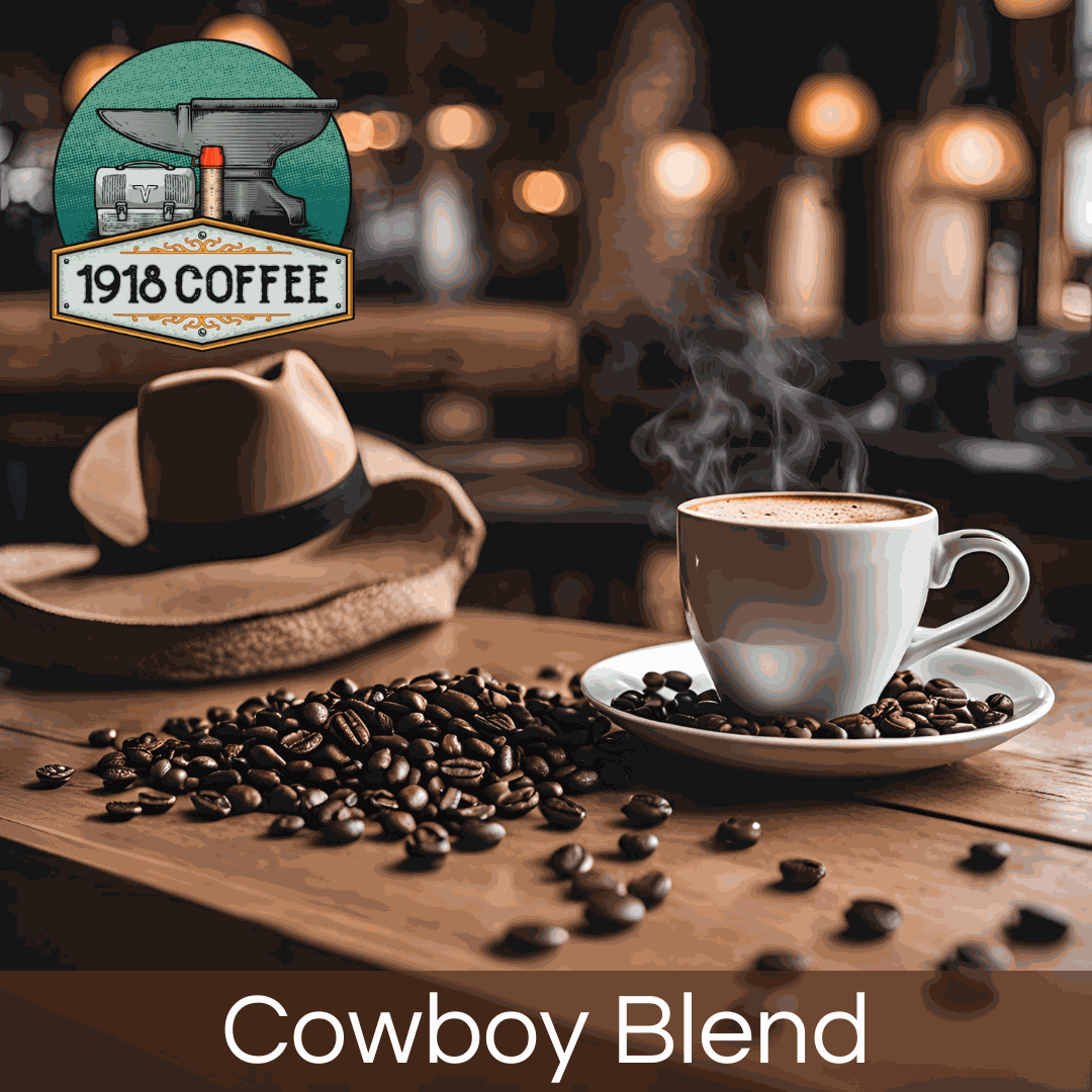 A steaming cup of Cowboy Blend coffee, coffee beans, on top of a wooden table, with a cowboy hat.