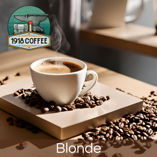 A steaming cup of Blonde Blend coffee, coffee beans, evoking a morning calm scenery.