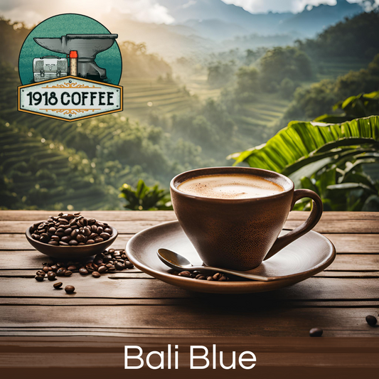 A hot cup of Bali Blue coffee from 1918 Coffee Co. with scenic Bali landscape in the background.