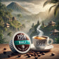 Image of Bali Coffee Pods from 1918 Coffee Co., featuring single-serve coffee pods with a tropical backdrop of mountains and greenery, and a steaming cup of coffee.