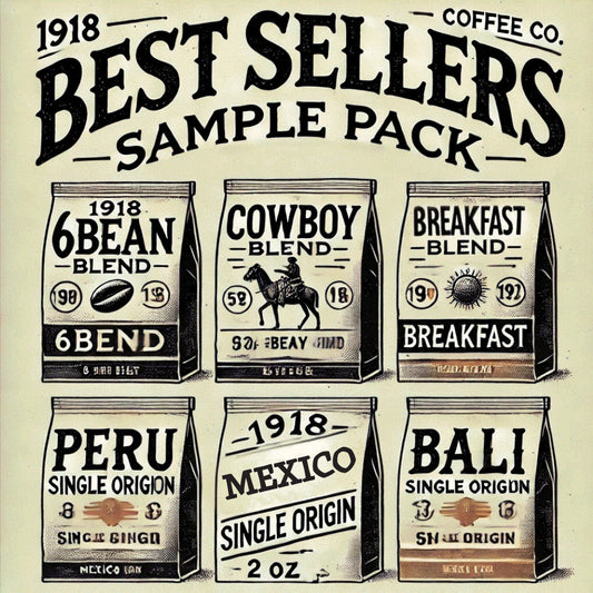 Image showcasing the Best Sellers Sample Pack from 1918 Coffee Co., featuring six 2-ounce coffee packages.