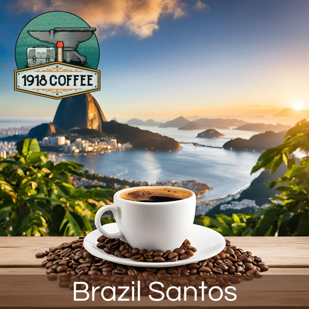 An image of 1918 Coffee Co.'s Brazil Santos coffee, featuring a steaming cup of coffee with Brazilian landscapes in the background.