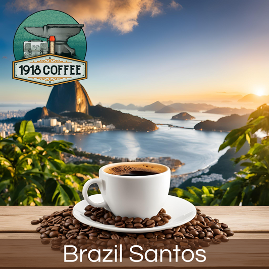 An image of 1918 Coffee Co.'s Brazil Santos coffee, featuring a steaming cup of coffee with Brazilian landscapes in the background.