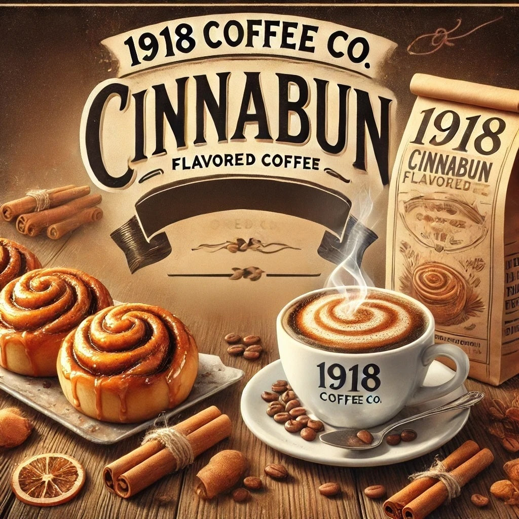 An inviting image of 1918 Coffee Co.'s Cinnabun Flavored Coffee, featuring cinnamon sticks, pastries, and a steaming cup of coffee.