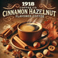 An image of 1918 Coffee Co.'s Cinnamon Hazelnut Flavored Coffee, with cinnamon sticks and hazelnuts.