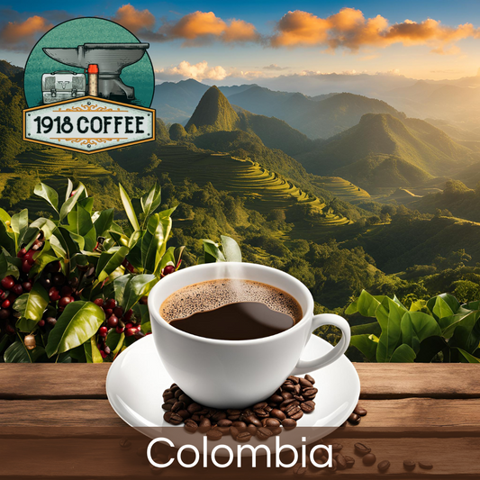 A cup of Colombian coffee with beans, lush Colombian landscape  in the background.