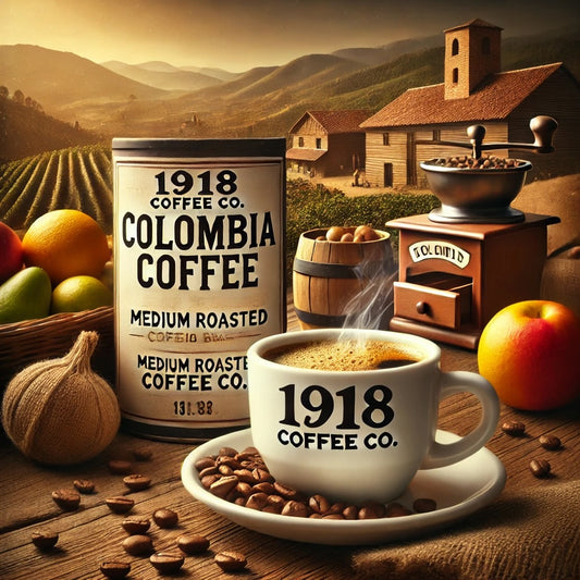 Image of the Colombia coffee from 1918 Coffee Co. A cup of freshly brewed coffee sits amidst this picturesque landscape, with '1918 Coffee Co.' subtly integrated into the scene, reflecting the high quality and rich heritage of Colombian coffee.