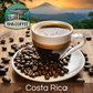 A steaming cup of Costa Rica coffee from 1918 Coffee Co., with a scenic view of Costa Rican mountains in the background.