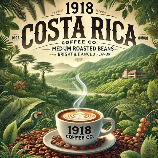 Image of Costa Rica Medium Roast Coffee from 1918 Coffee Co., with medium roasted beans and a tropical landscape background.