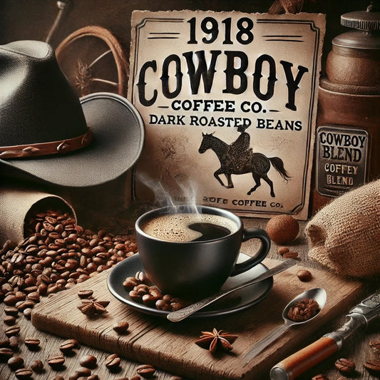 Image of Cowboy Blend Coffee from 1918 Coffee Co., with dark roasted beans, a cowboy hat, and campfire elements.