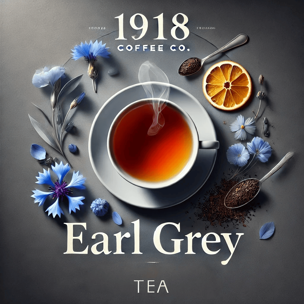 Minimalist image of 1918 Coffee Co.'s Earl Grey tea featuring a steaming cup of rich amber tea. The background includes cool tones of deep gray and navy, accented by blue cornflower petals and slices of orange, highlighting the tea’s refined presentation