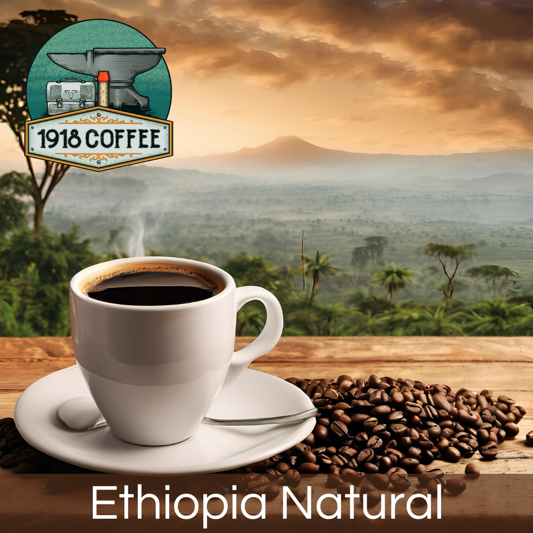 An image of 1918 Coffee Co.'s Ethiopia Natural coffee, featuring a steaming cup of coffee with an Ethiopian landscape in the background.