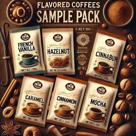 Image of Flavored Coffees Sample Pack from 1918 Coffee Co., featuring six distinct flavors in a cozy, inviting setting.