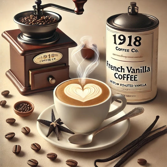 Image of French Vanilla Flavored Coffee from 1918 Coffee Co., featuring vanilla pods, a steaming cup of coffee, and rich coffee beans.