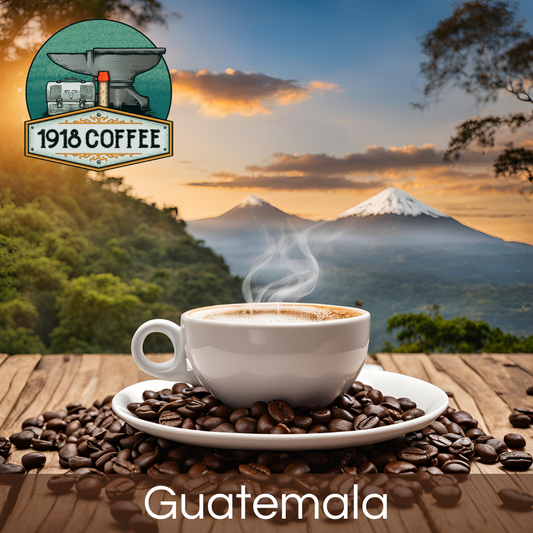 A hot cup of Guatemala coffee from 1918 Coffee Co., featuring scenic Guatemalan mountains in the background.