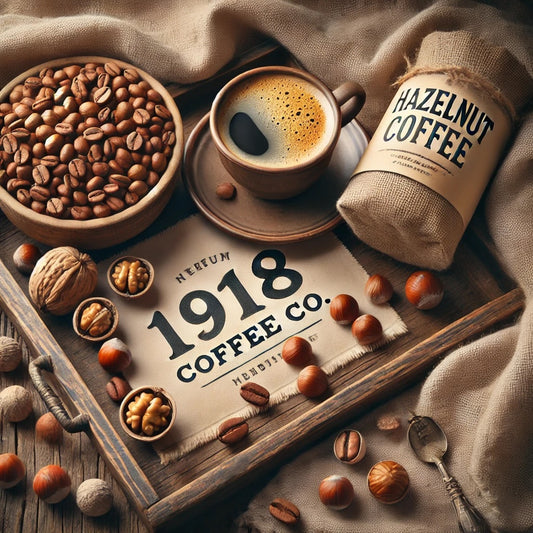 Image of the Hazelnut coffee from 1918 Coffee Co. Coffee and Hazelnut are scared across a tray which also holds a Cup of Hazelnut coffee, a bowl of coffee beans and a small bag of Hazelnut coffee.