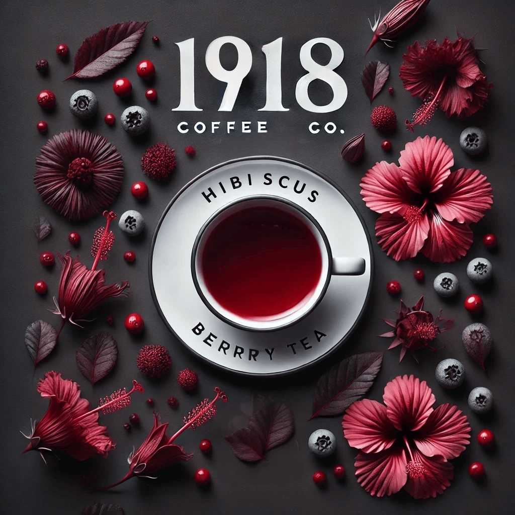 Minimalist top-down image of 1918 Coffee Co.'s Hibiscus Berry Tea. A teacup is placed on a table surrounded by deep red and purple tones, with scattered hibiscus flowers and berries. The text 'Hibiscus Berry Tea' is prominently displayed in elegant typography, highlighting the tea's fresh and vibrant atmosphere