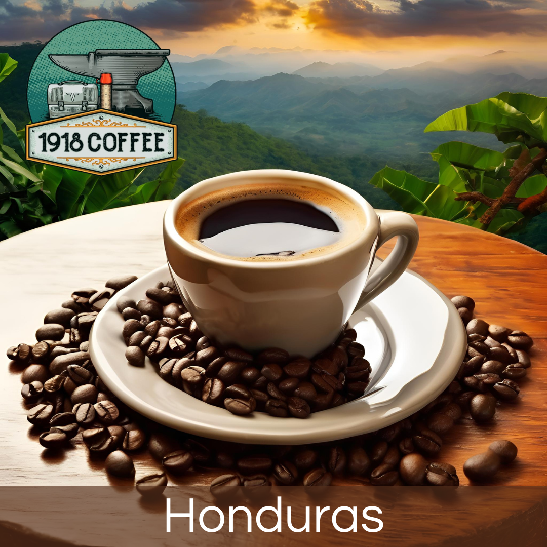 An image of 1918 Coffee Co.'s Honduras Coffee, featuring a hot cup of coffee, scenic Honduran mountains and landscapes in the background.