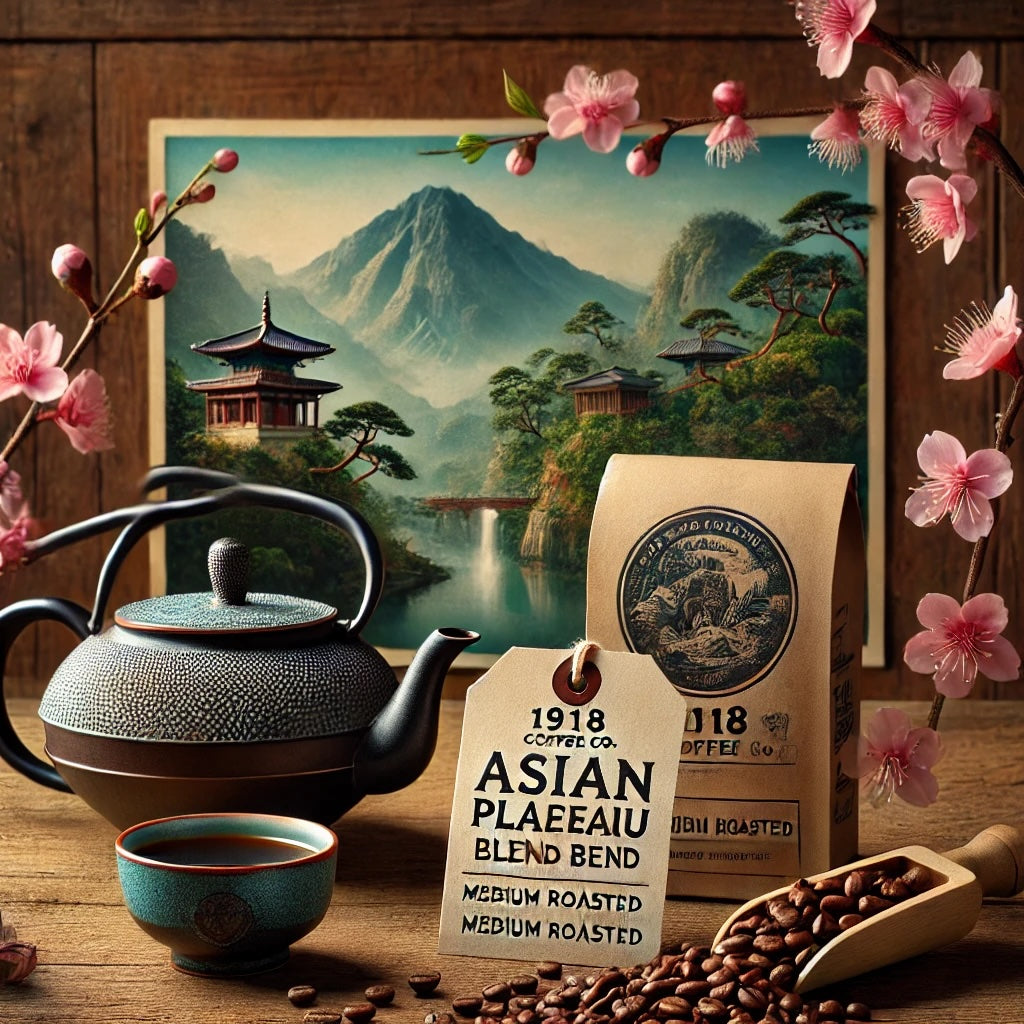 Image of the Asian Plateau Blend from 1918 Coffee Co. amidst the serene imagery of cherry blossoms and traditional Asian teacups, invoking a peaceful morning in a lush Asian garden.