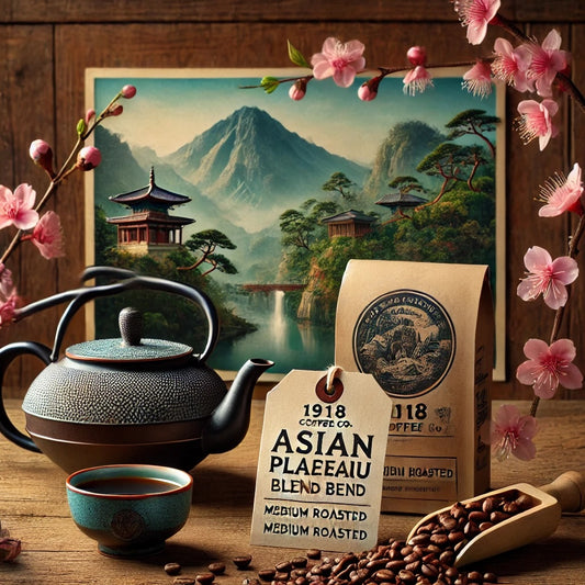 Image of the Asian Plateau Blend from 1918 Coffee Co. amidst the serene imagery of cherry blossoms and traditional Asian teacups, invoking a peaceful morning in a lush Asian garden.