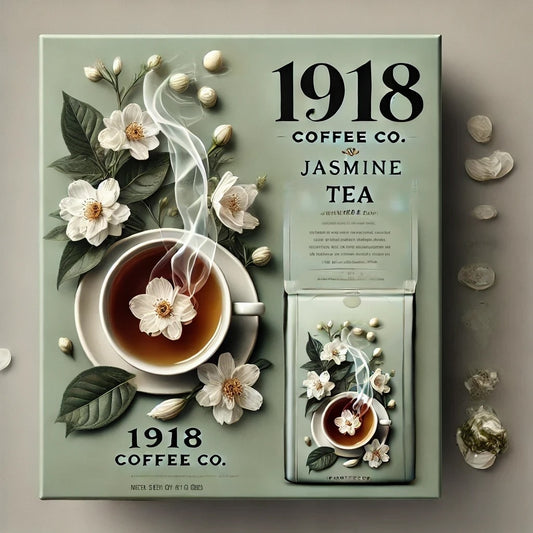 Sleek, minimalist packaging of 1918 Coffee Co.’s Jasmine Tea, set against a soft green background with loose jasmine blossoms scattered around and a steaming teacup with jasmine petals floating atop.