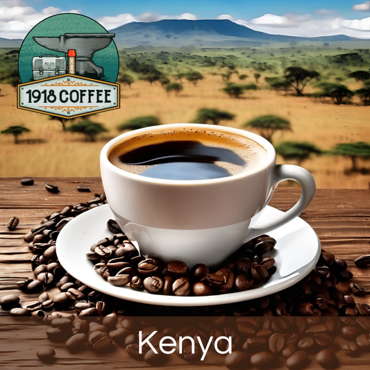 An image of 1918 Coffee Co.'s Kenya Coffee, featuring coffee beans and a steaming cup, with a background evoking the Kenyan landscape.