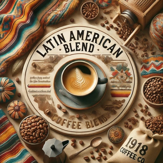 ag of Latin American Blend coffee from 1918 Coffee Co., a medium-dark roast with nutty hints, fruity undertones, and cocoa aftertaste, grown in rainforest and volcanic soil.