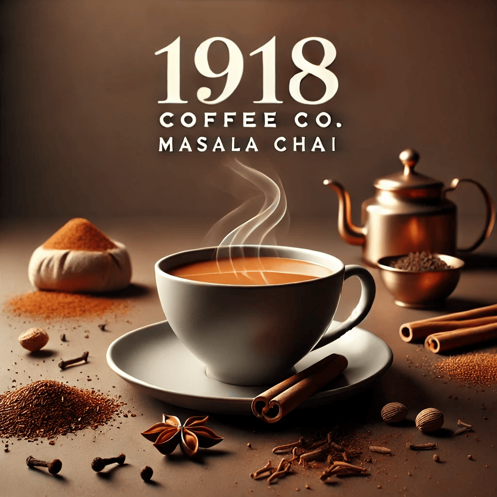 Minimalist image of 1918 Coffee Co.'s Masala Chai, featuring a steaming teacup on a table surrounded by chai spices like cinnamon sticks, cloves, and cardamom. The warm tones of brown and gold evoke a cozy, inviting atmosphere, highlighting the rich, spicy essence of the chai