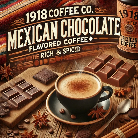 Image of Mexican Chocolate Flavored Coffee from 1918 Coffee Co., featuring dark chocolate, cinnamon sticks, and a steaming cup of coffee.