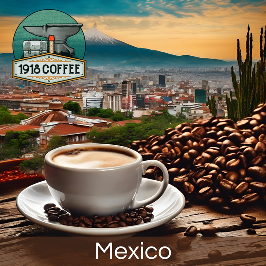 A visually appealing image of 1918 Coffee Co.'s Mexico coffee, showcasing a steaming cup of coffee with a scenic Mexican landscape in the background.