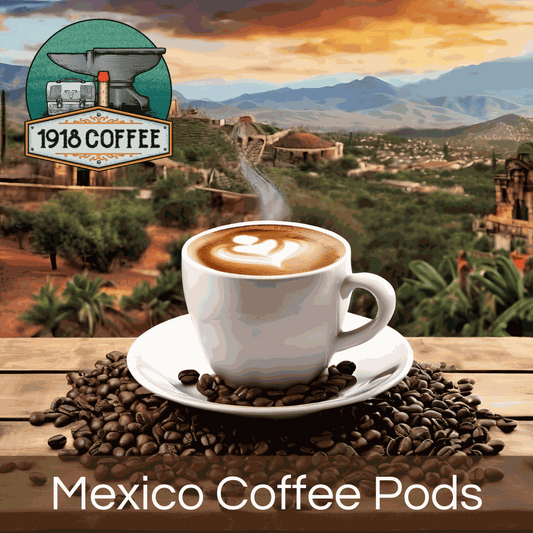 An image of 1918 Coffee Co.'s Mexico Coffee Pods with coffee beans and a steaming cup, evoking the essence of Mexican highlands.