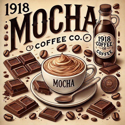 Image of Mocha Coffee from 1918 Coffee Co., featuring a creamy cup of coffee with chocolate pieces and coffee beans.