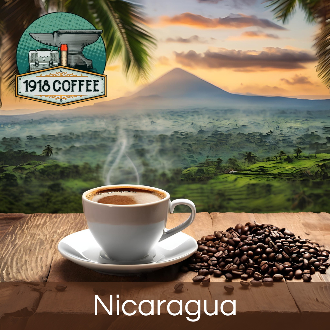 An image of 1918 Coffee Co.'s Nicaragua coffee featuring a hot steaming cup of coffee with scenic Nicaraguan mountains in the background.