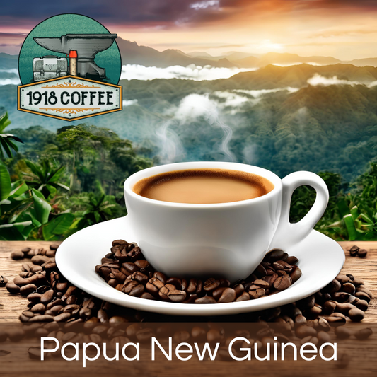 An image of Papua New Guinea coffee from 1918 Coffee Co., featuring a steaming cup of coffee, tropical scenery, and highlighted coffee beans.