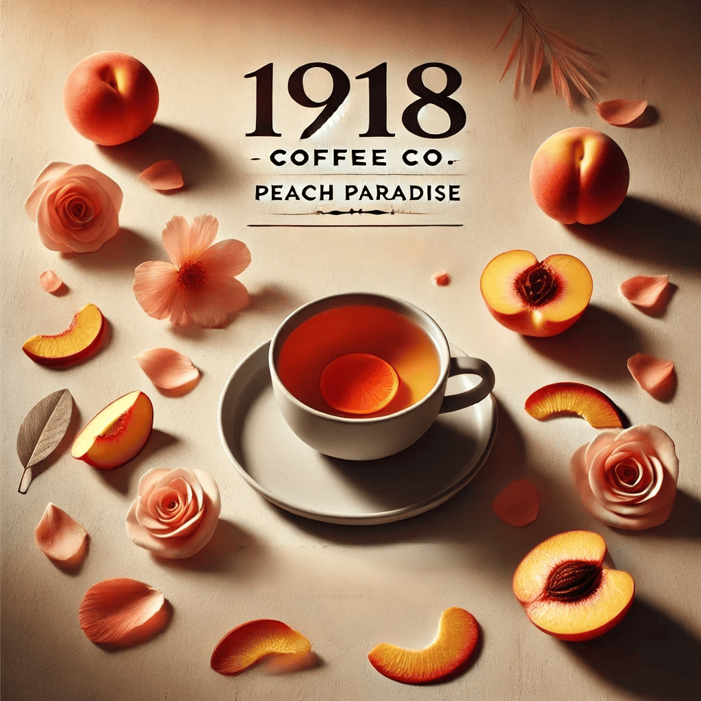 Top-down minimalist image of 1918 Coffee Co.'s Peach Paradise tea, featuring a teacup surrounded by scattered peach slices and rose petals. The warm sunset-inspired tones create a tropical and refreshing atmosphere, highlighting the fruity and floral essence of the tea