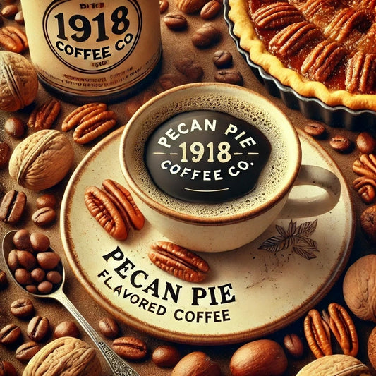 Image of Pecan Pie Flavored Coffee from 1918 Coffee Co., featuring pecans, coffee beans, and a steaming cup.