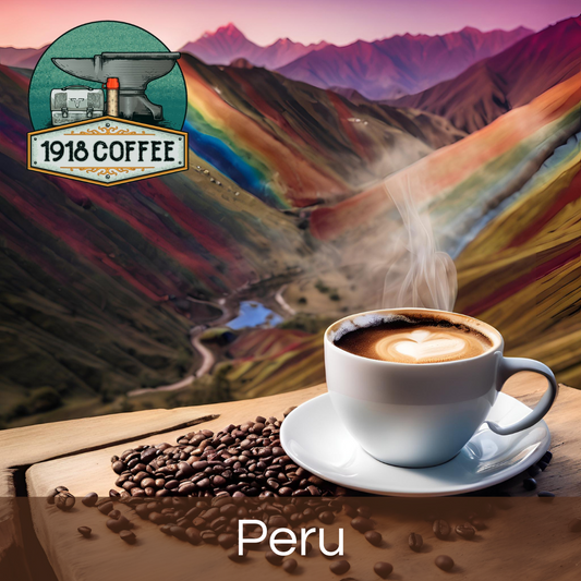 A steaming cup of medium roast Peru coffee, showcasing the rich landscape of rainbow mountain in Peru.