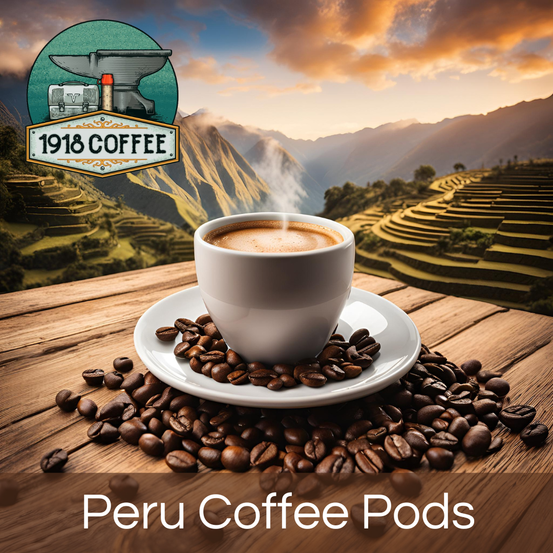 An image of 1918 Coffee Co.'s Peru Coffee Pods featuring coffee beans and a steaming cup evoking the essence of Peruvian highlands.