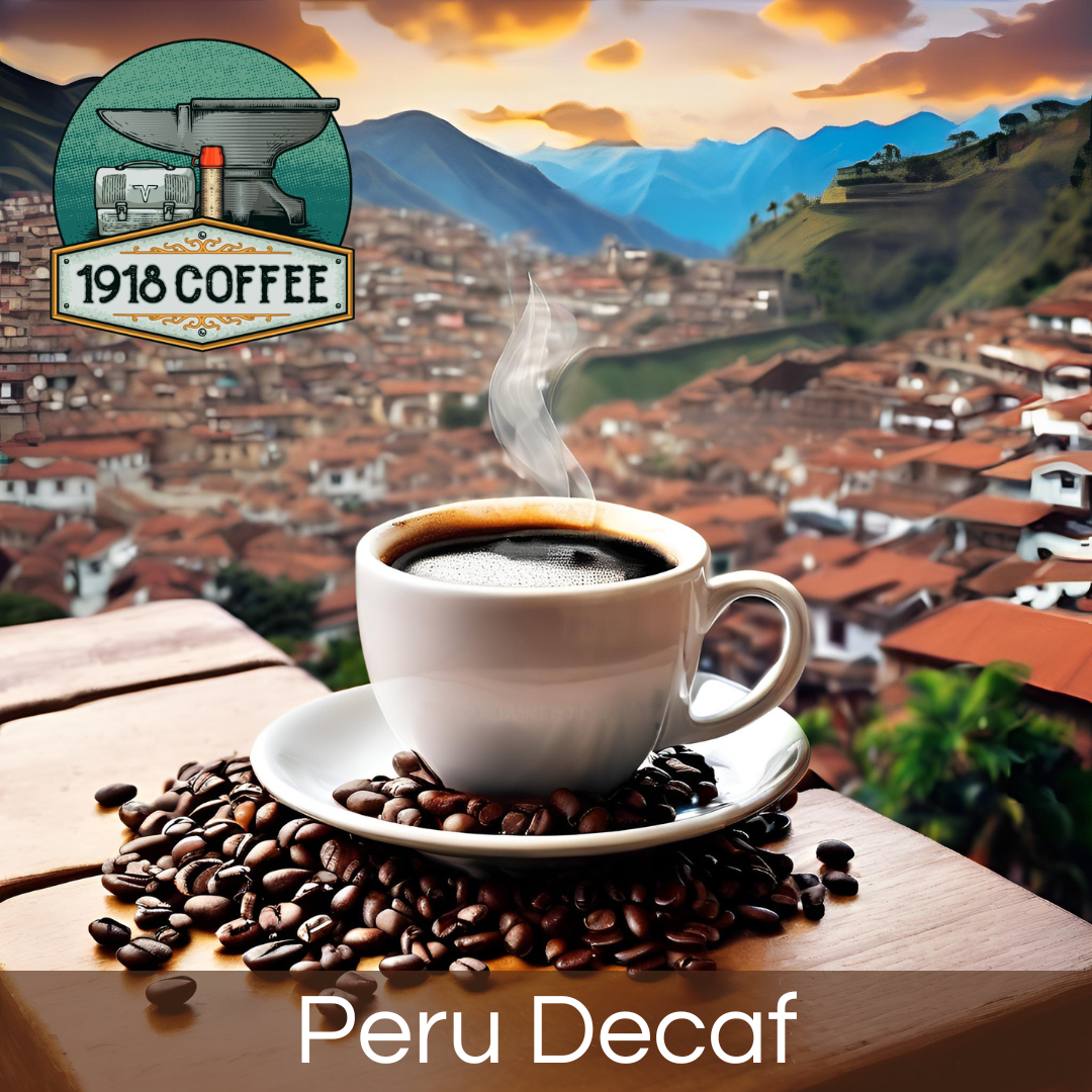 An image of 1918 Coffee Co.'s Peru Decaf coffee, featuring a hot cup of coffee, Peruvian landscape in the background.