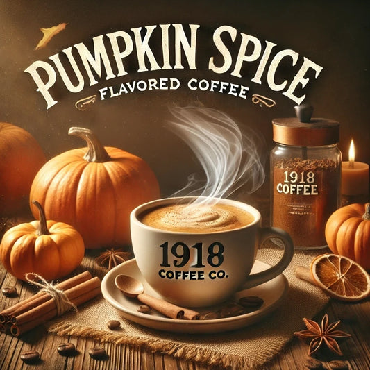 Image of Pumpkin Spice Flavored Coffee from 1918 Coffee Co., featuring pumpkins, cinnamon sticks, and a steaming cup of coffee.