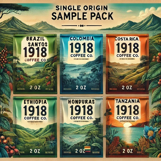 Image of the Single Origin Favorites Sample Pack from 1918 Coffee Co., featuring six 2-ounce packages with origins from Brazil Santos, Colombia, Costa Rica, Ethiopia, Honduras, and Tanzania.