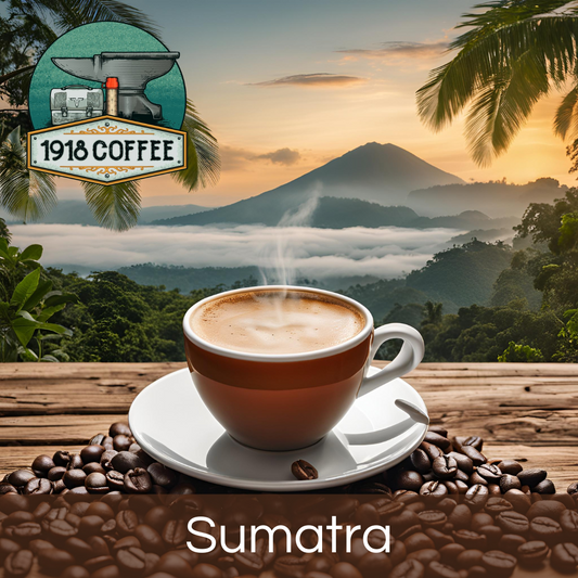 An image of 1918 Coffee Co.'s Sumatra coffee with light earthy tones and coffee beans.