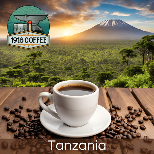 A vibrant image showcasing 1918 Coffee Co.'s Tanzania Coffee with coffee beans, a hot steaming cup, and a scenic background of Mount Kilimanjaro.