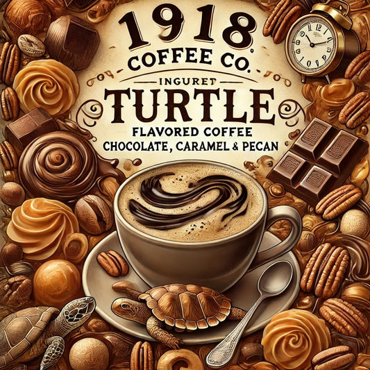 Image of Turtle Flavored Coffee from 1918 Coffee Co., with caramel swirls, chocolate pieces, pecans, and a steaming cup of coffee.