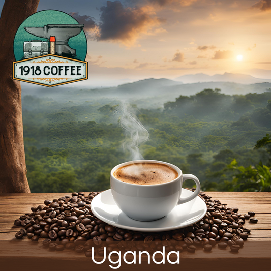 A steaming cup of Uganda coffee with vibrant Ugandan scenery in the background.