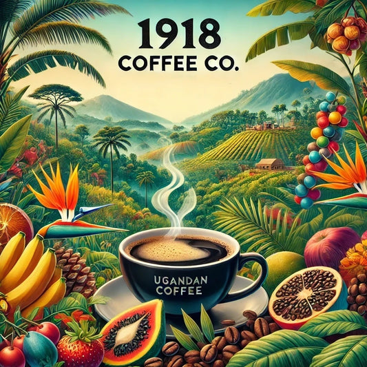 A vibrant image of Ugandan Coffee from 1918 Coffee Co., featuring medium to dark roasted beans. The scene highlights Uganda's rich, mountainous landscapes with tropical plants and orange-hued fruits, complemented by a steaming cup of coffee, evoking the bold, rich flavors of the coffee.