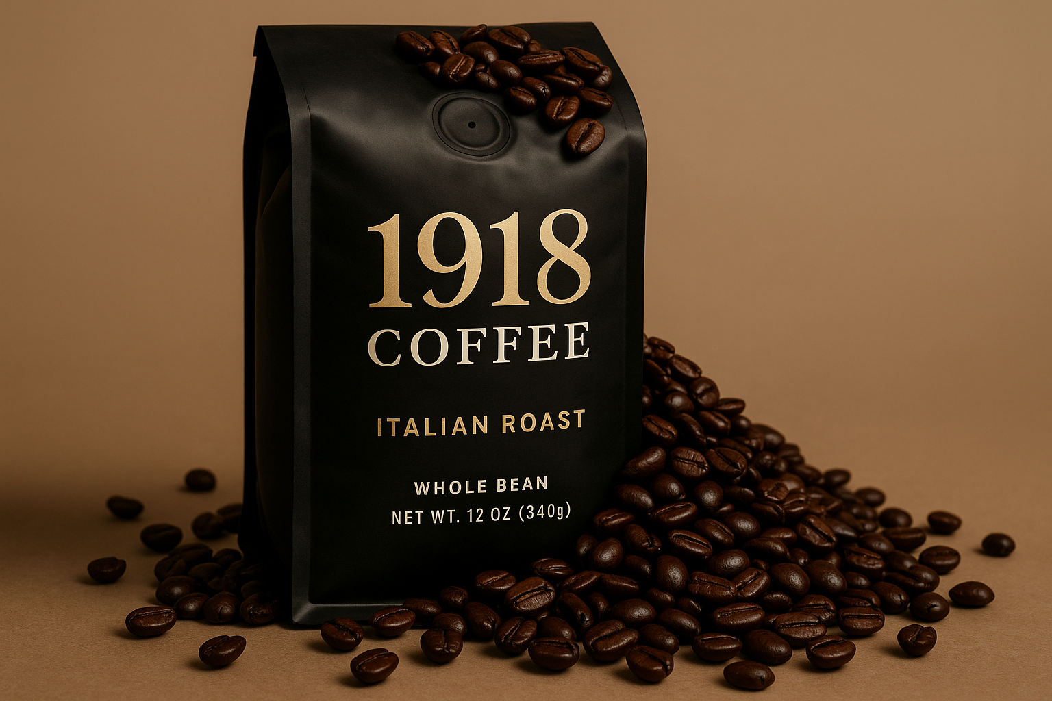 italian roast with a black coffee beans bag that says 1918 Coffee